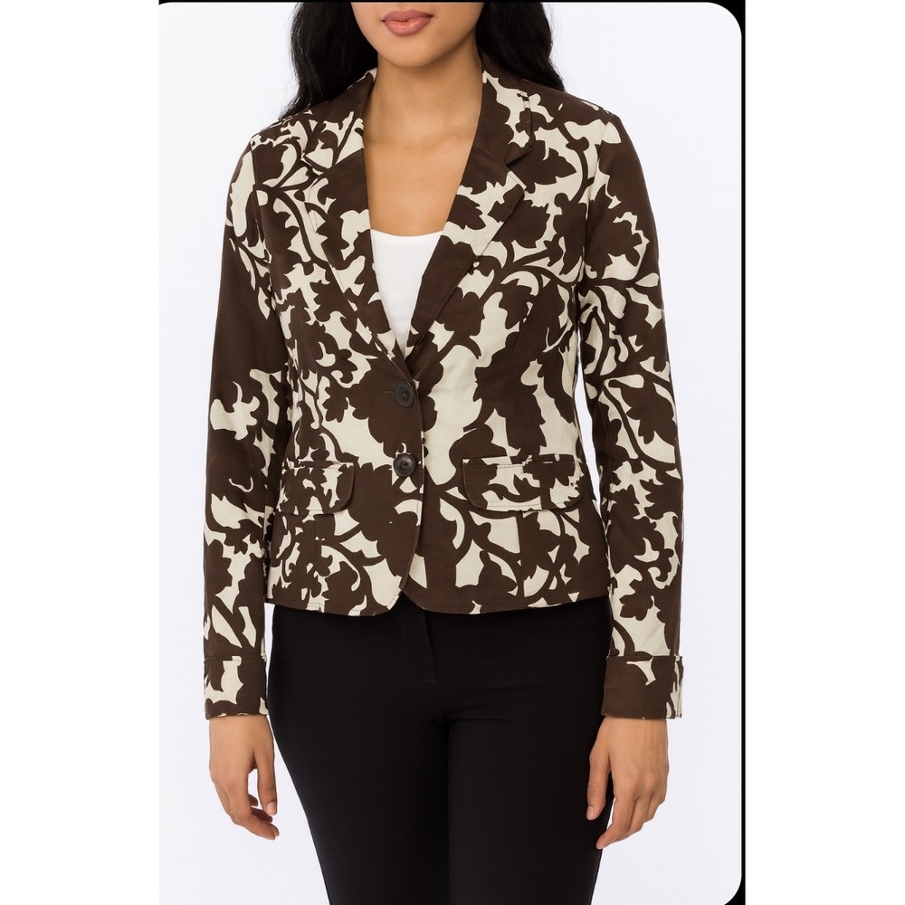 XL Brown White Crop Floral Print Blazer Jacket‎ Pockets Old Navy